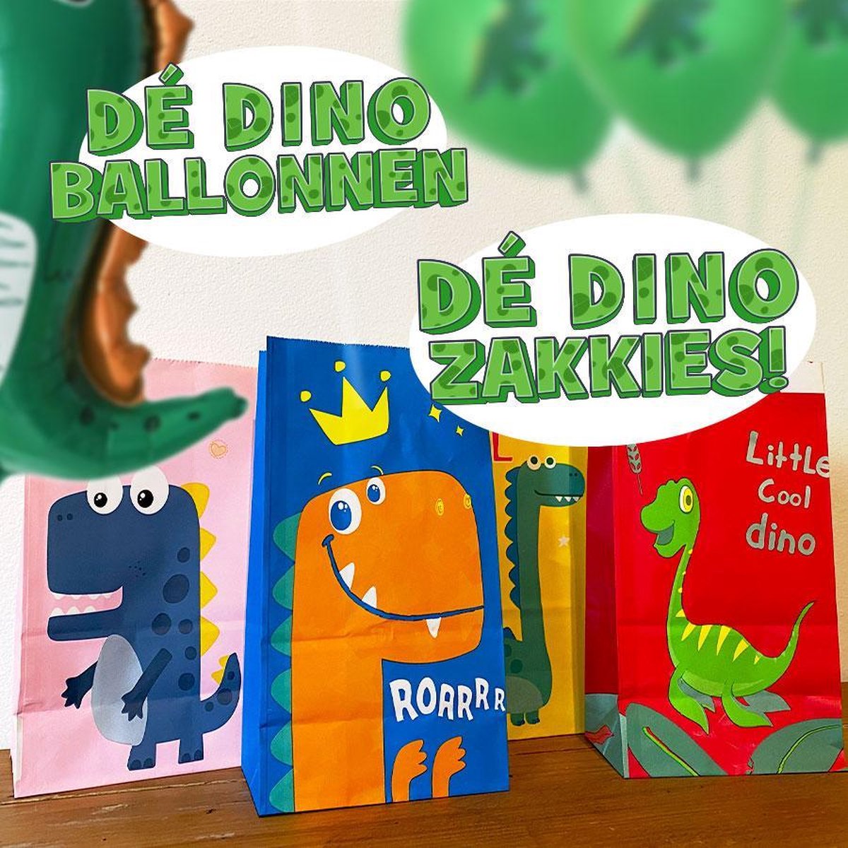 32 x Dino Zakkies! + Ballonnen set | Uitdeelzakjes Dinosaurus - 32 x Dino zakjes voor traktatie school of kinderfeestje | Dino ballonnen set! 6 Ballonnen + 1 Dino XL ballon